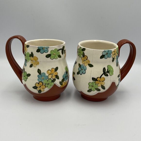 Jenn Cole Studio Pottery Set of 2 TALL MUGS Flower Handmade Garden Party Art Flo - Picture 1 of 7